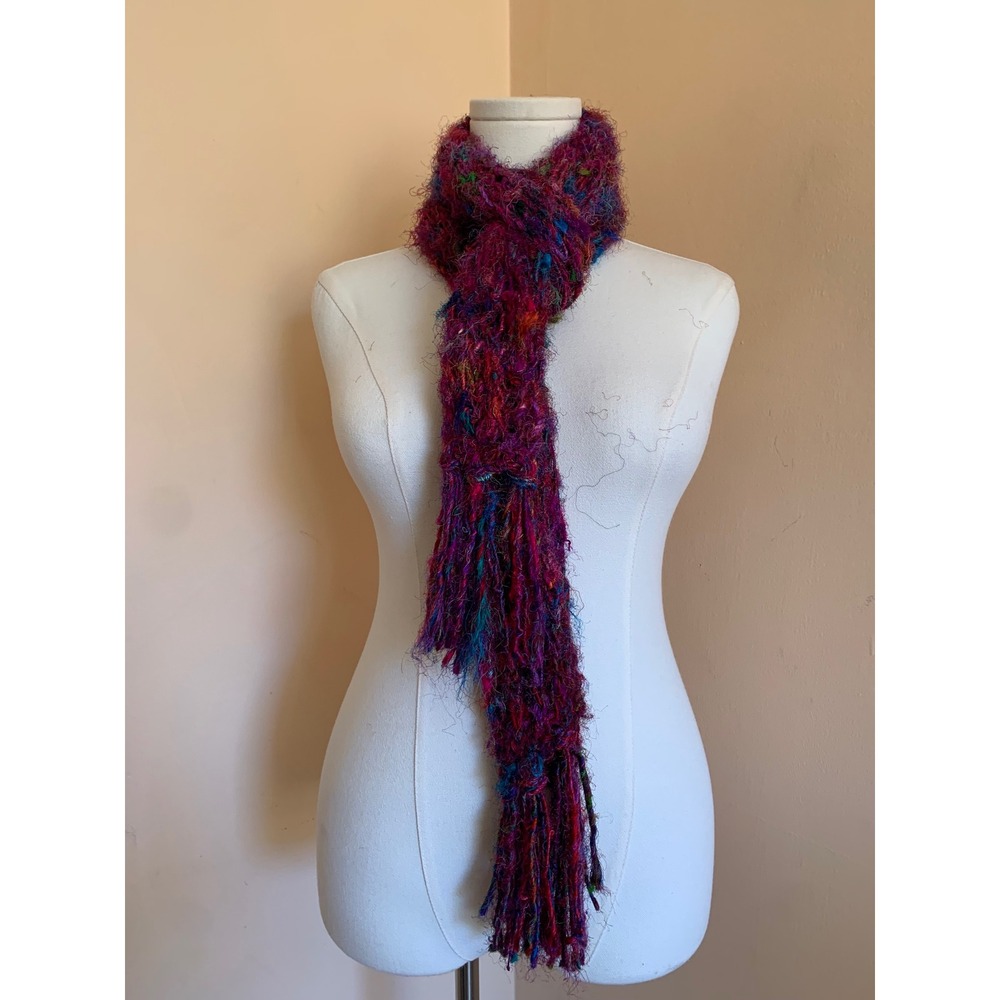 Handmade 100% Silk Knit Fringe Scarf Magenta Multi Color Made in Nepal
